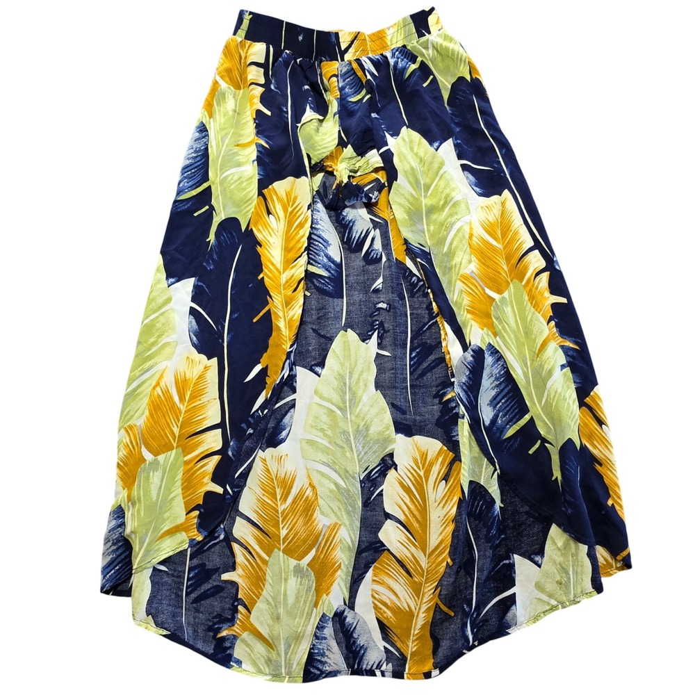 Easel Tropical Leaf High Low Skirt Elastic Waist Medium Navy Yellow Summer Boho